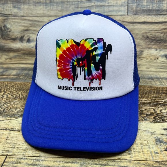 MTV Mens Trucker Hat Blue Snapback Rainbow Tie Dye 90s Television Retro Ball Cap - Picture 2 of 8